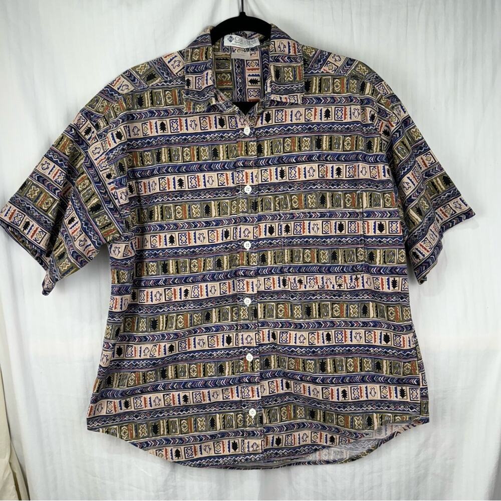 Columbia Vintage Button Down Short Sleeve Shirt Men’s Size Large Tribal Fish